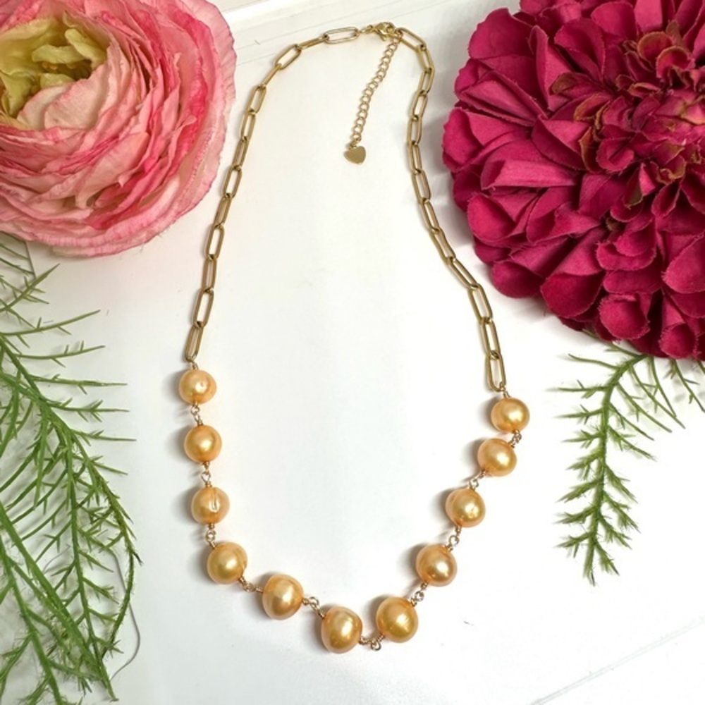 NEW⚜️Freshwater Peach Pearls Chain Beaded Necklace